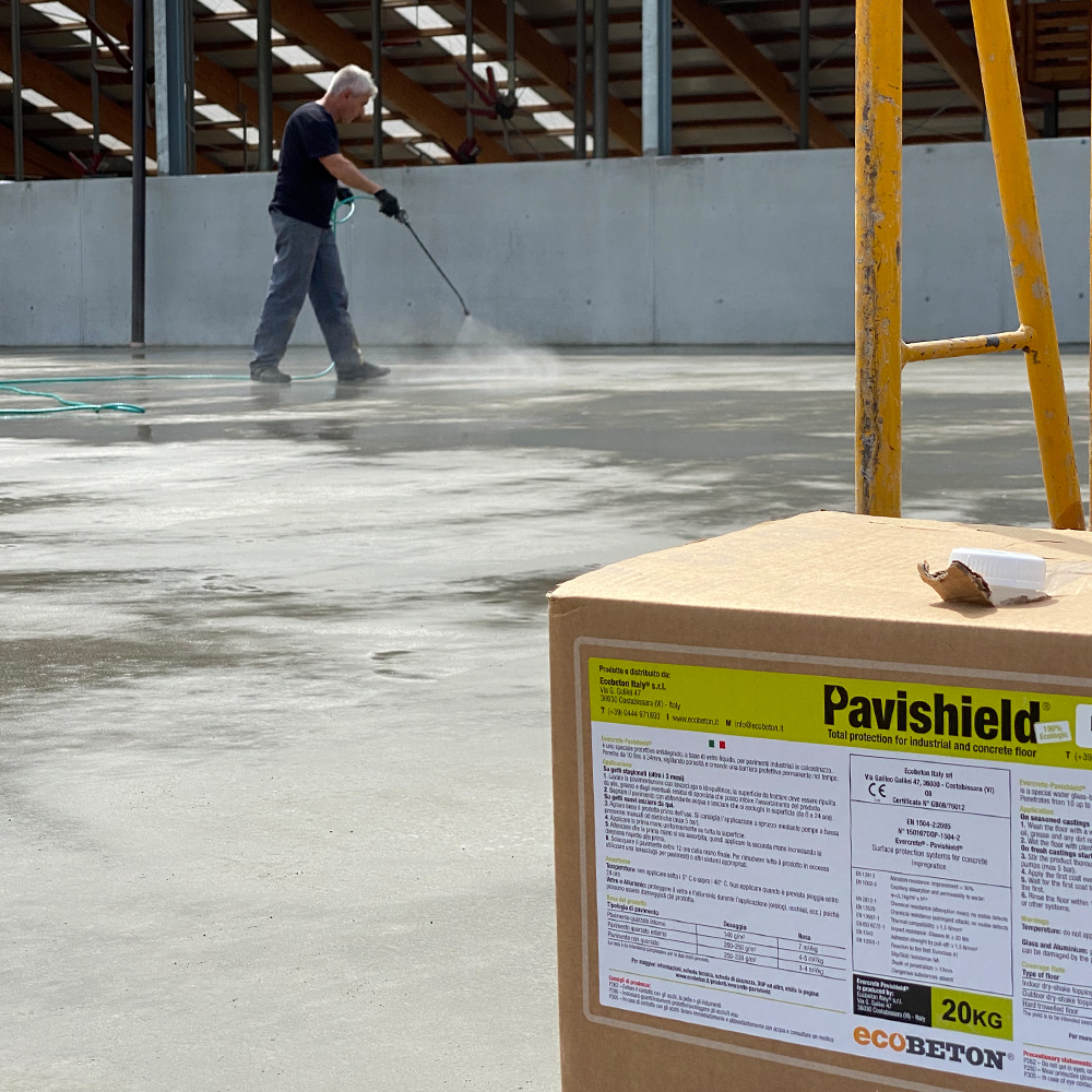 Evercrete Pavishield is sprayed to protect a concrete stable floor
